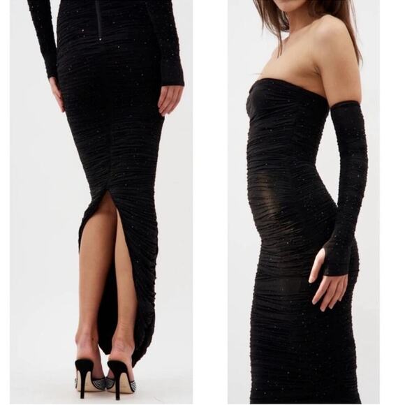 Alex Perry Hyland Crystal Embellished Strapless Ruched Black Maxi Dress Size 2 - Picture 6 of 14